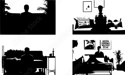 Remote Work Lifestyle: A silhouette of a person sitting cross-legged on a sofa with a laptop and a coffee mug. Cozy, modern home office vibe.