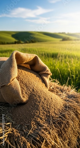 Organic animal feed granules in burlap sack for livestock nutrition. Agricultural fodder on farm