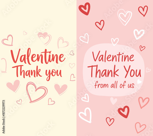 Valentine thank you social media post with handwritten style typography and heart doodles in flat vector design for heartfelt romantic messages
