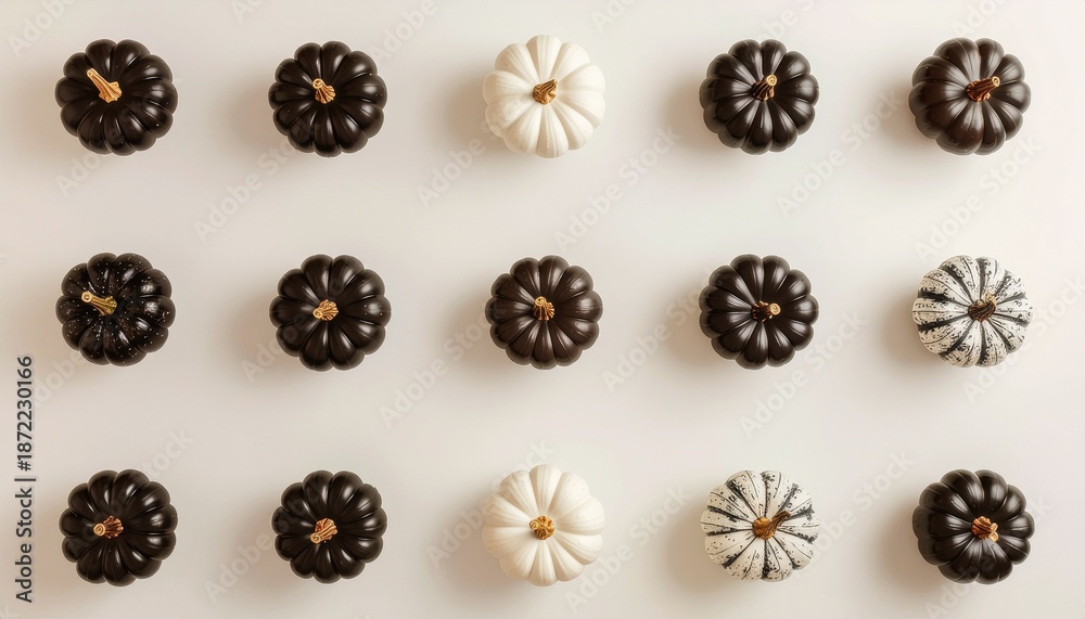 Fototapeta premium モノトーンの世界にかぼちゃのオーナメントが並ぶミニマル背景｜Minimal Monotone Pumpkin Ornaments Background 