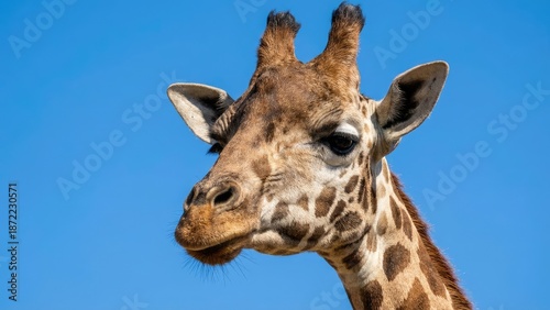 Quadro em tela A detailed close-up of a giraffe's head against a clear blue sky