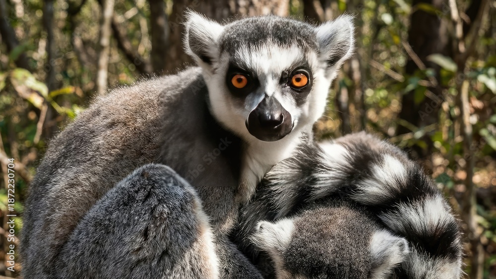 Naklejka premium A close-up image of a ring-tailed lemur with striking orange eyes, set against a backdrop of lush green foliage. 