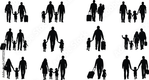 Black silhouettes of families with children walking and carrying luggage for travel tourism vacation and airport terminal transit concept icons,