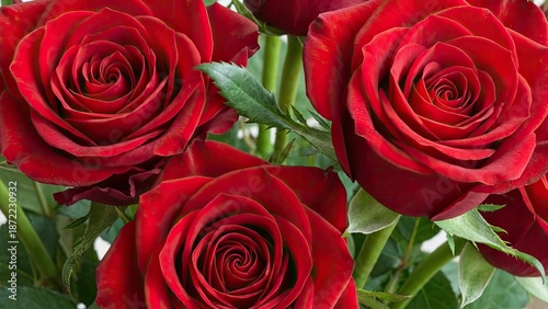 A close-up image of three radiant red roses in full bloom, surrounded by lush green leaves. The roses are the central focus, showcasing their delicate petals and rich color.