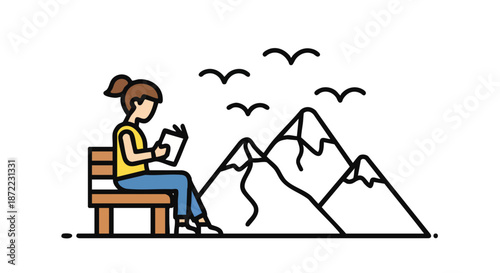A person enjoys a peaceful moment reading a book on a bench with mountains and birds in the background.