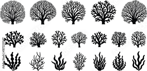 Black silhouettes of various coral reef branches and seaweed plants icons set for underwater ocean life and marine nature concept,