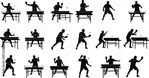 Black table tennis silhouette collection set, ping pong player athlete shapes, professional sports people icons on white background for competition.