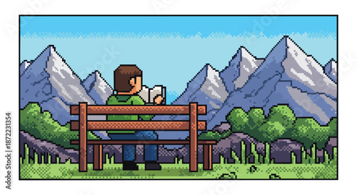 A person in pixel art style sits on a wooden bench reading a book amidst a serene mountain landscape.