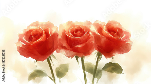 Three Elegantly Painted Red Roses on Soft Background