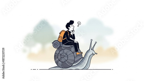 A thoughtful traveler pondering the slow pace of their journey atop a giant snail
