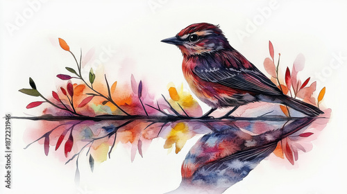 Vibrant Bird Perched on Branch with Colorful Leaves in Watercolor Style