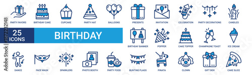 Birthday icon set. Containing party favors, birthday cake, cupcake, party hat, balloons, presents, invitation, celebration and more. Blue vector icons collection.