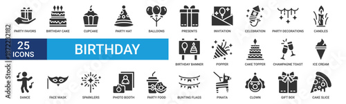 Birthday icon set. Containing party favors, birthday cake, cupcake, party hat, balloons, presents, invitation, celebration and more. Glyph vector icons collection.