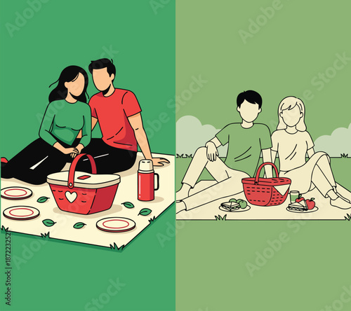 Faceless couple having picnic with heart basket in clean flat vector style perfect for romantic outdoor scenes valentine cards and love themed illustrations