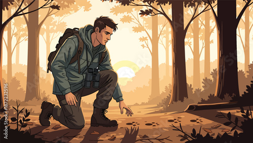 Flat vector illustration of a hunter tracking animal footprints in a quiet forest at sunrise, solid colors and clean outlines, outdoor hunting and wilderness exploration lifestyle concept