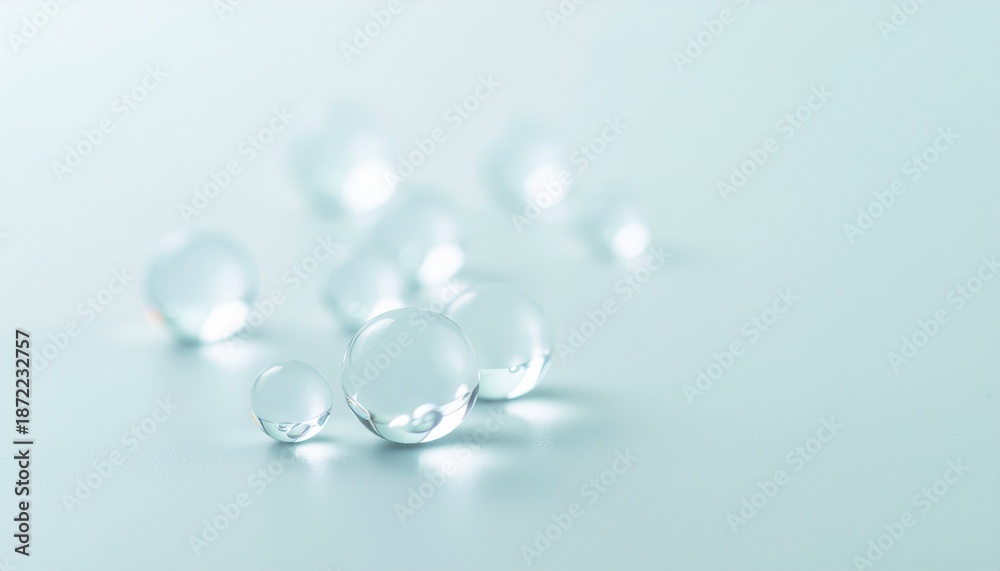 Fototapeta premium ガラスのシャボン玉が浮かぶクリアで透明感のあるミニマル背景 / Minimal clear glass‑like soap bubble background with transparency