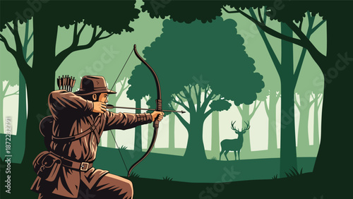 Ethical bow hunter aiming carefully in a forest clearing, deer visible in the distance, flat vector illustration with solid colors and clean outlines for outdoor hunting themes