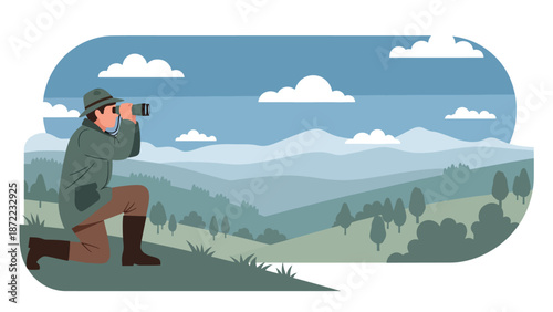 Hunter observing wildlife through binoculars from a hilltop, wide natural landscape view, flat vector illustration with solid colors for outdoor exploration and hunting lifestyle concepts