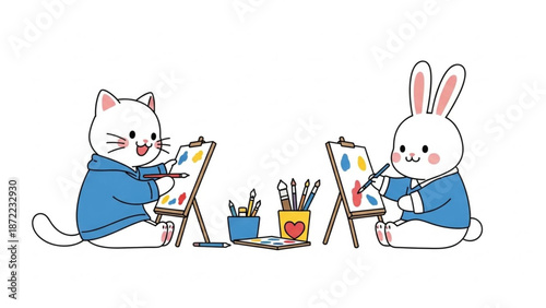 A cheerful cat and rabbit engage in a fun painting session with easels and colorful paints