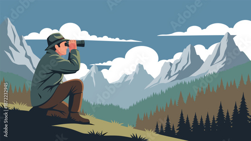 Hunter observing wildlife through binoculars from a hilltop, wide natural landscape view, flat vector illustration with solid colors for outdoor exploration and hunting lifestyle concepts