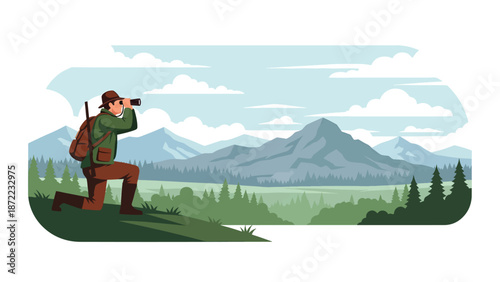 Hunter observing wildlife through binoculars from a hilltop, wide natural landscape view, flat vector illustration with solid colors for outdoor exploration and hunting lifestyle concepts