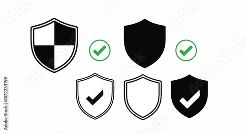 Flat lay of various shield icons with checkmarks on a white background, conveying security and verification concepts.