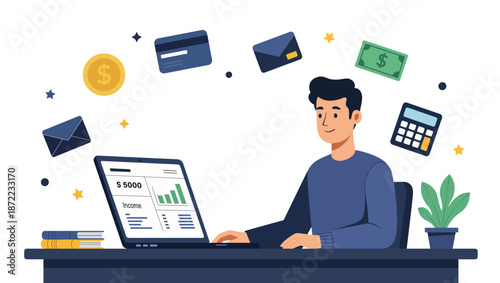 Man use laptop for income management