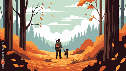 Hunter and loyal hunting dog following animal tracks in an autumn forest, flat vector illustration with solid colors and clean outlines, teamwork outdoor hunting activity theme