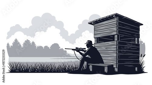 Patient hunter waiting quietly inside a wooden hunting blind near a meadow, flat vector illustration with solid colors, peaceful outdoor hunting and observation concept