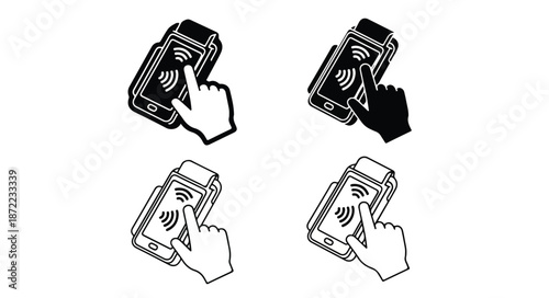 Four black and white illustrations of hands interacting with smartphones in different stages of shading on a plain white background.