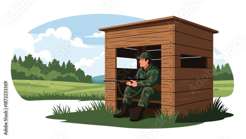 Patient hunter waiting quietly inside a wooden hunting blind near a meadow, flat vector illustration with solid colors, peaceful outdoor hunting and observation concept