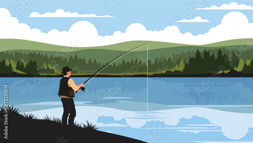 Hunter fishing calmly from a riverbank surrounded by trees and hills, flat vector illustration with solid colors and clean outlines, traditional outdoor hunting activity theme