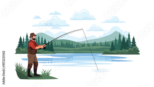 Hunter fishing calmly from a riverbank surrounded by trees and hills, flat vector illustration with solid colors and clean outlines, traditional outdoor hunting activity theme