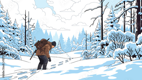 Hunter tracking animal signs across a snowy forest landscape, winter wilderness scene, flat vector illustration with solid colors for survival and hunting concepts