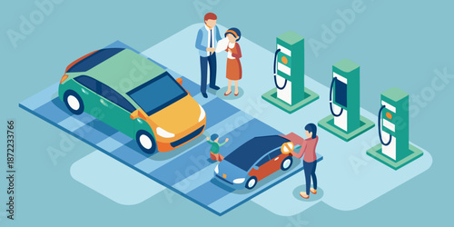 Electric vehicle charging station with people and cars in an isometric view