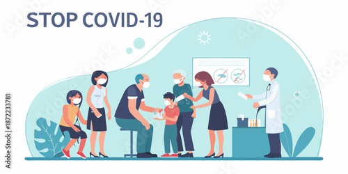 Covid 19 vaccination illustration showing people receiving shots and medical staff assisting
