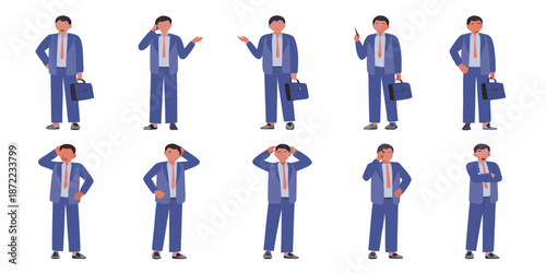 Diverse businessmen in suits depicted in various poses and actions