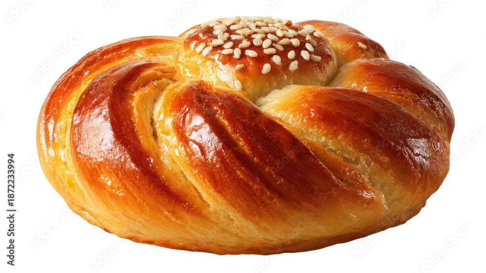 Fototapeta premium A fresh homemade croissant and sweet bun with poppy seeds are isolated on white, showcasing a tasty, golden brown baked pastry perfect for a delicious breakfast bakery snack