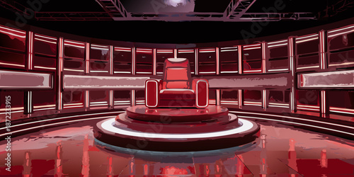 A red and white stage set featuring a prominent ornate throne
