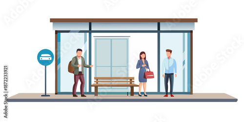 People waiting at a bus stop with a no cars allowed sign nearby