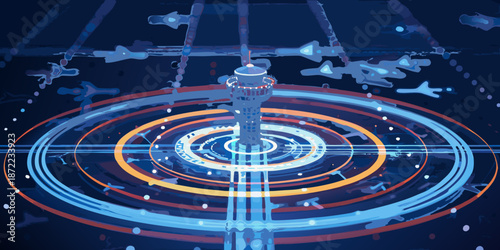 Futuristic air traffic control tower with concentric circles and aircraft