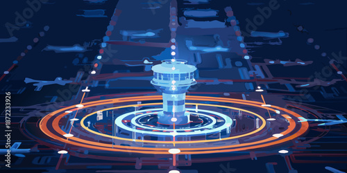 Futuristic air traffic control tower with a glowing circular radar system