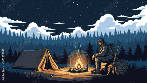 Hunter relaxing at a campsite after a day in the wilderness, tent and campfire in forest setting, flat vector illustration with solid colors for outdoor hunting lifestyle themes