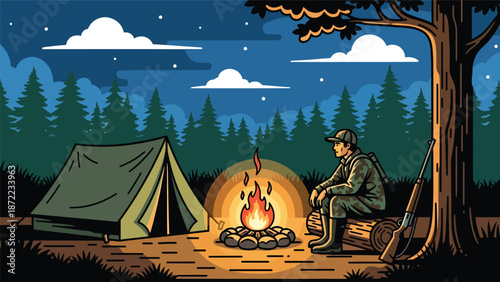 Hunter relaxing at a campsite after a day in the wilderness, tent and campfire in forest setting, flat vector illustration with solid colors for outdoor hunting lifestyle themes