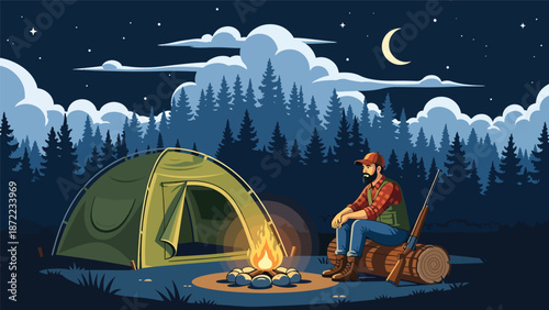 Hunter relaxing at a campsite after a day in the wilderness, tent and campfire in forest setting, flat vector illustration with solid colors for outdoor hunting lifestyle themes
