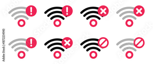 Set of wifi connection error icons with warning signs and crossed out signal strength indicators