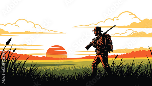 Hunter walking through tall grass at sunset carrying gear, peaceful rural landscape, flat vector illustration with solid colors for outdoor hunting and travel concepts