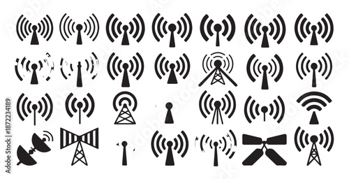 Comprehensive variety of wireless signal tower silhouettes including dish satellite and geometric antenna designs