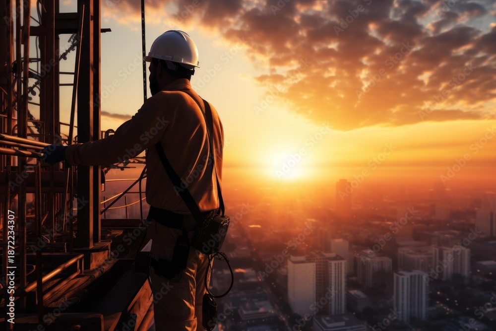 Fototapeta premium Construction worker standing on a skyscraper structure, viewing the cityscape with a vibrant sunset
