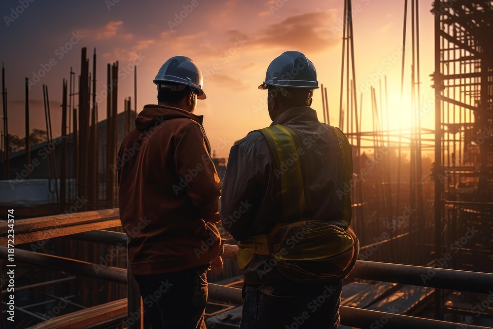 Fototapeta premium Construction workers standing together on building site looking at evening sky